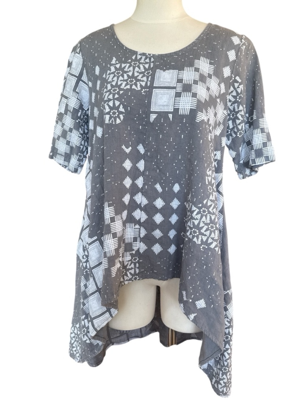 Blueberry Italia Linen tunic gray linen hi-lo blouse Lagenlook artsy pattern XS